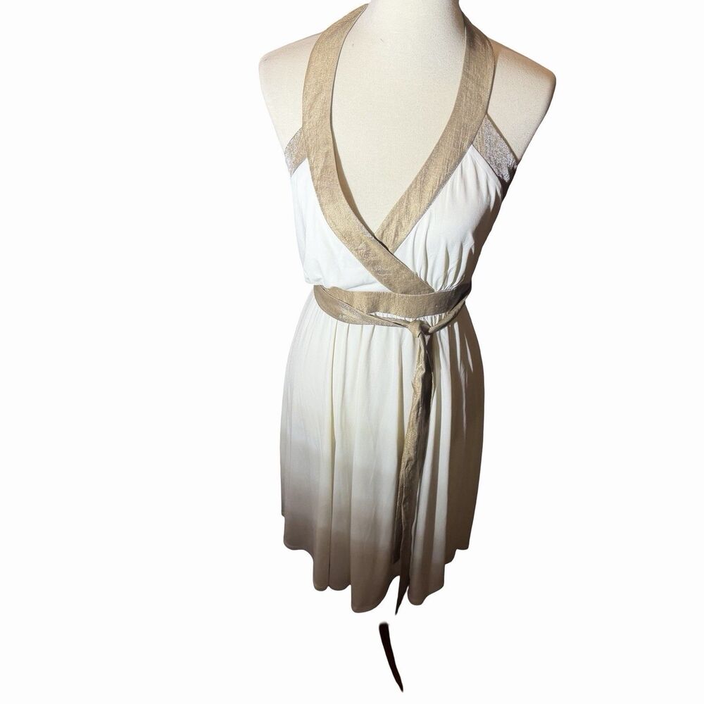 BCBG Paris Halter Dress Women's Size 6 Ivory Gold Goddess Renaissance Lined Y2K